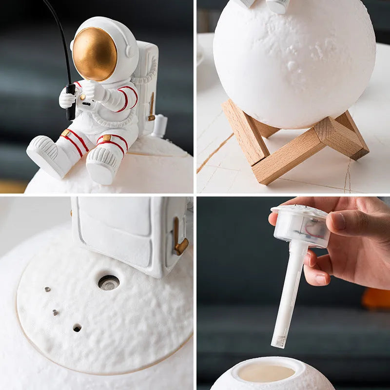 Gold astronaut figurine humidifier with wooden frame, resin space man ornament, 13x13x28cm, USB powered