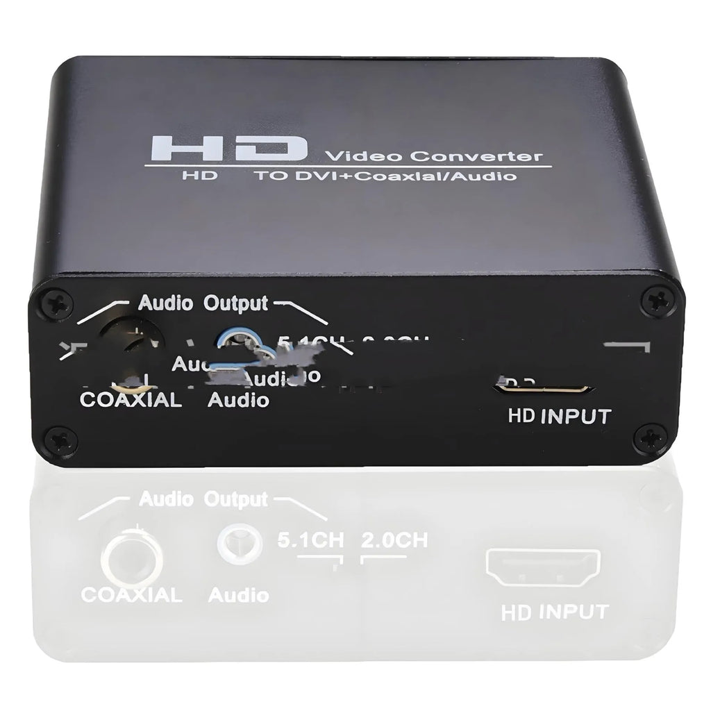 Black HDMI to DVI video converter unit with coaxial audio port, power supply, and a 1.5 metre cable.
