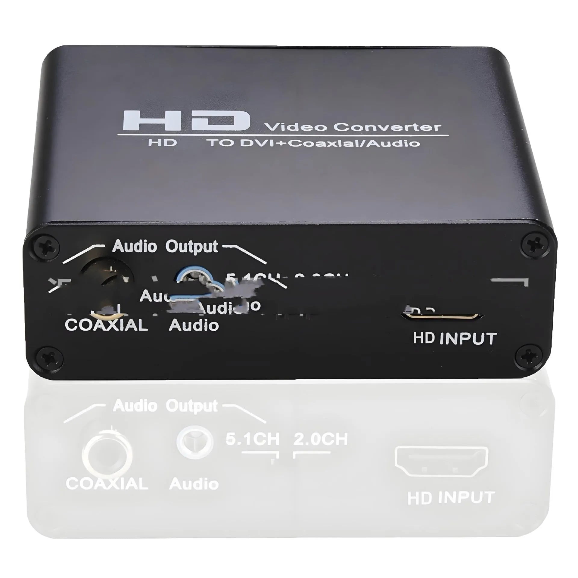 Black HDMI to DVI video converter unit with coaxial audio port, power supply, and a 1.5 metre cable.