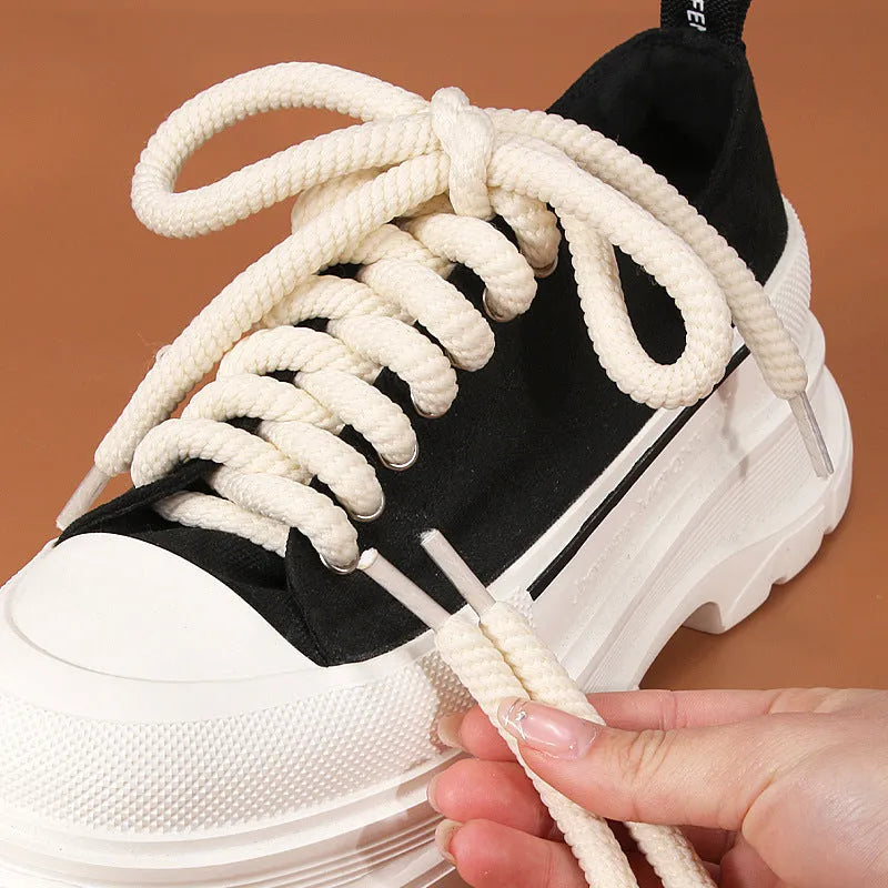 Round woven shoelaces with 10mm diameter in white, beige, and black colours for bread shoes