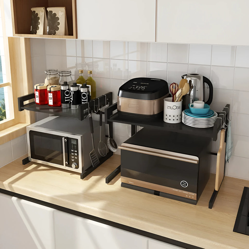 Retractable metal kitchen microwave rack on countertop with 2-layer shelf and no-punch installation