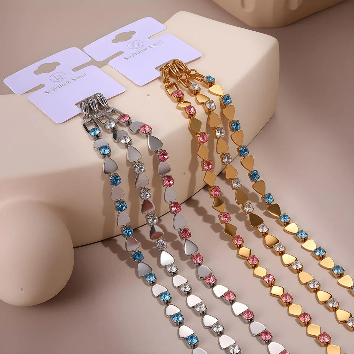 Women's stainless steel bracelet with 18K electroplating and geometric colour zircon stones, NMSB-J737-1
