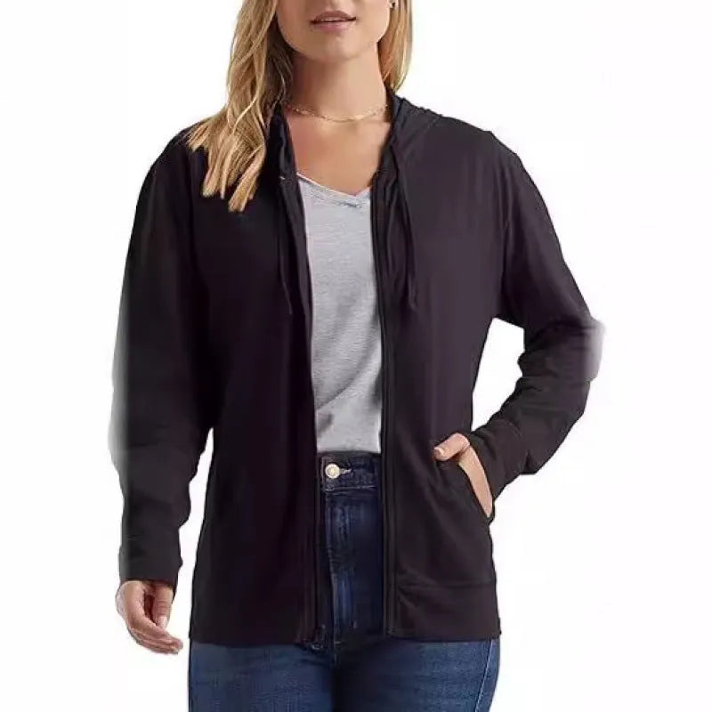Polyester sports hoodie pullover in loose fit with long sleeves, shown in solid colour options.