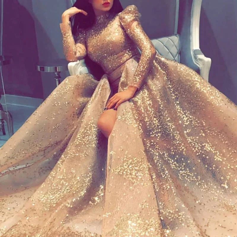 Gold rhinestone high-waist long sleeve maxi dress on female model, front view