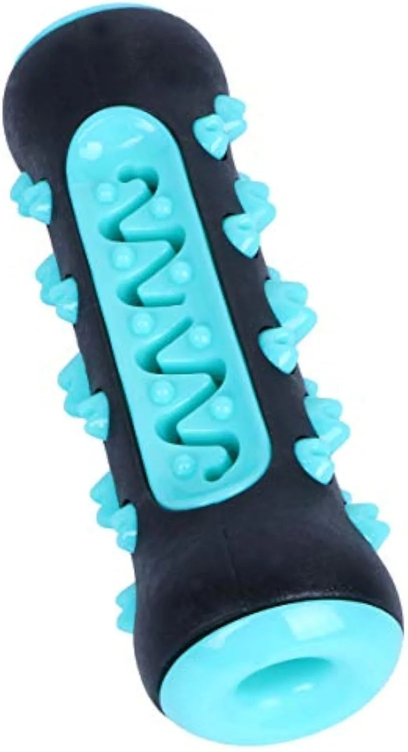 Natural rubber dog dental chew toy in blue, showing textured cleaning surface and size.