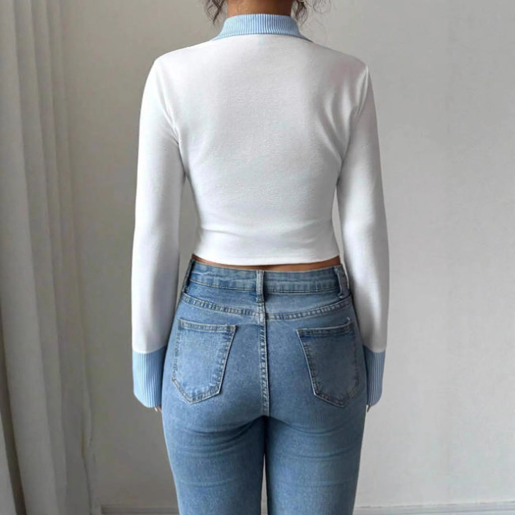 Women's slimming lapel long sleeve fake two-piece shirt in solid white polyester