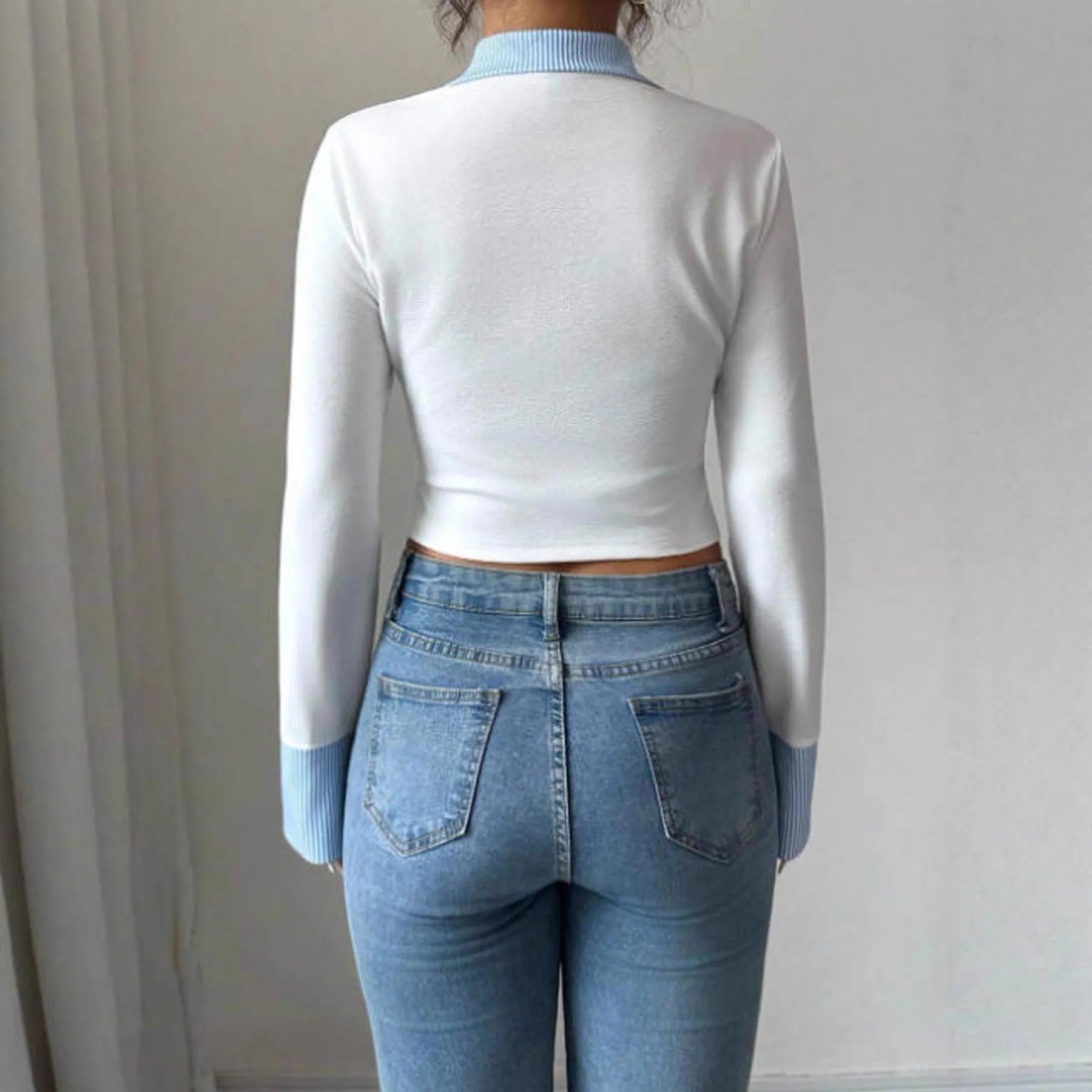Women's slimming lapel long sleeve fake two-piece shirt in solid white polyester