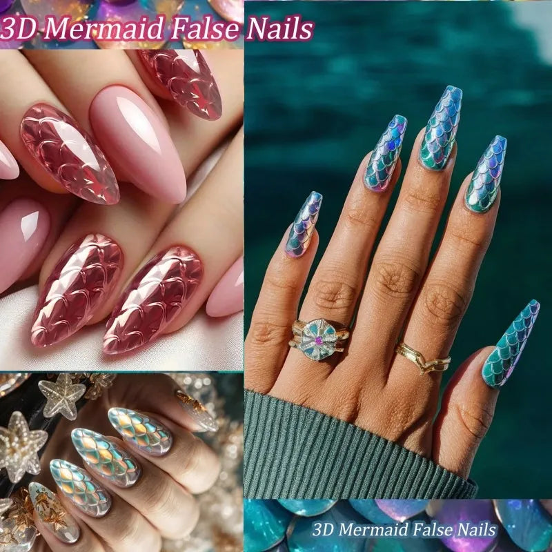 3D scale long shaping nail tips for gel and acrylic nail extensions in multiple colour options