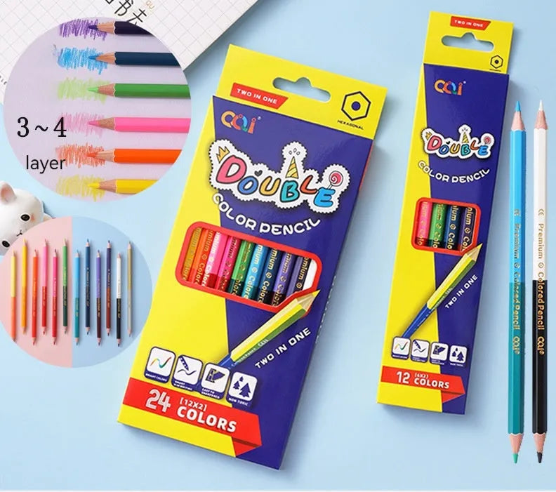 Wooden student colour pencil art set showing brush colour and double head options in 12 or 24 colour configurations