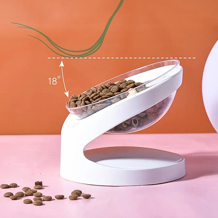 White elevated tilted cat food bowl for neck protection and anti-vomit feeding