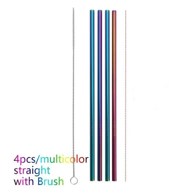 Set of four colourful reusable stainless steel straws in straight and bent styles with a cleaning brush.