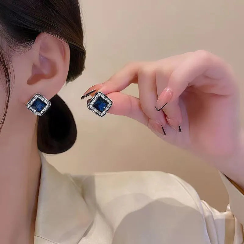 Blue geometric square diamond inlay earrings for women, Korean fashion sweet cool style, zinc alloy