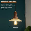 Wood and brass electroplated ceiling chandelier with a glass lampshade.