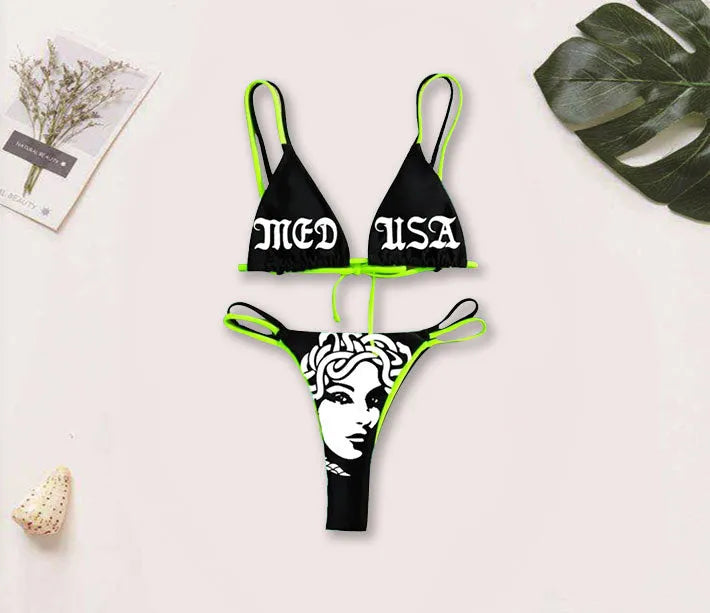 Women's black curve skull tube top bikini set with matching shorts, polyester fabric