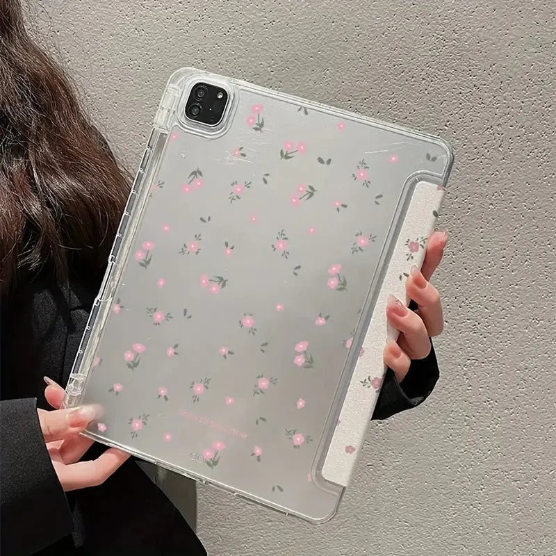 Transparent floral patterned iPad case showing three-fold magnetic stand positions