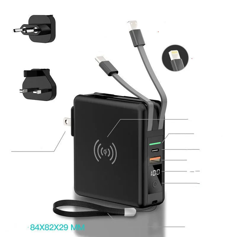 Black cylindrical Super QI power bank with built-in folding UK plug and wireless charging symbol on top