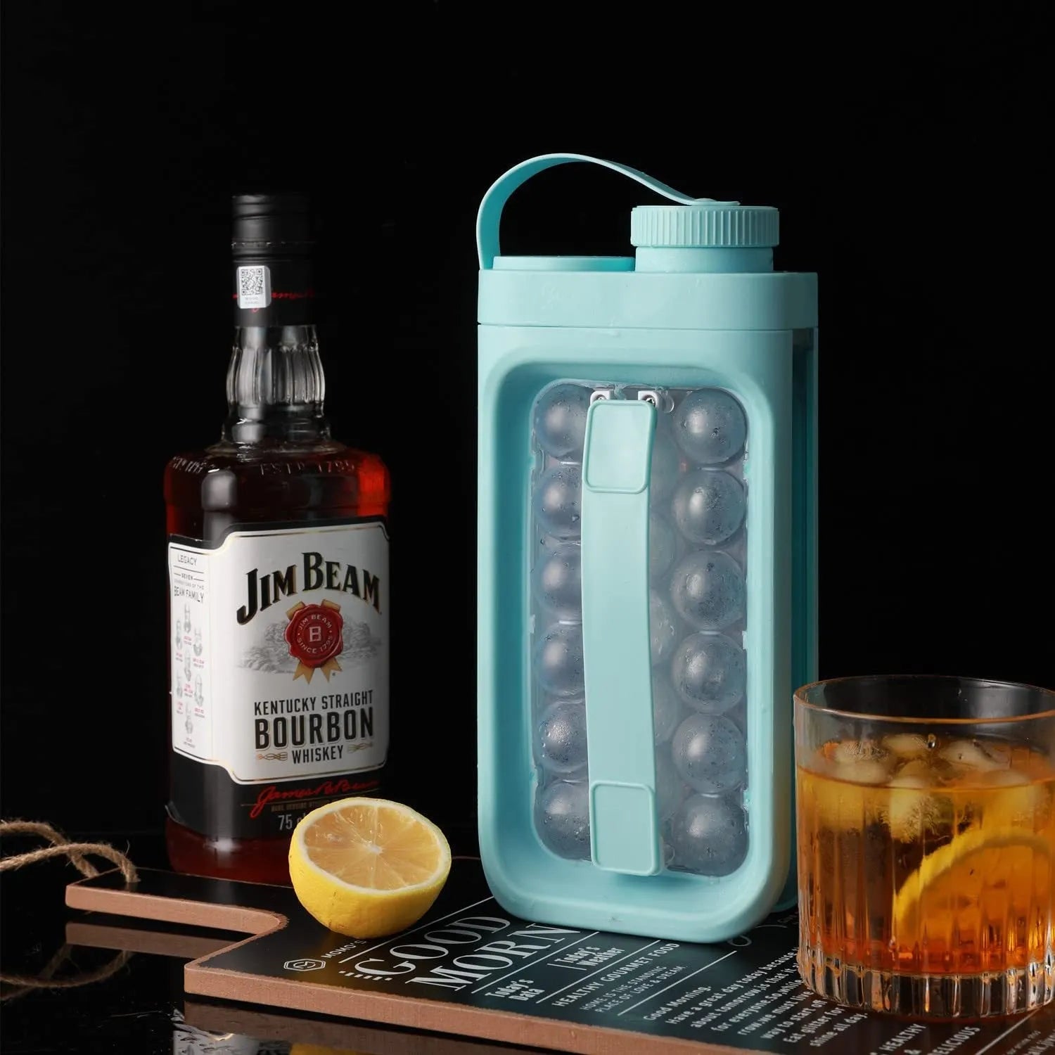 Light blue and white portable ice ball mould kettle showing 17-ball capacity and 2-in-1 bottle design