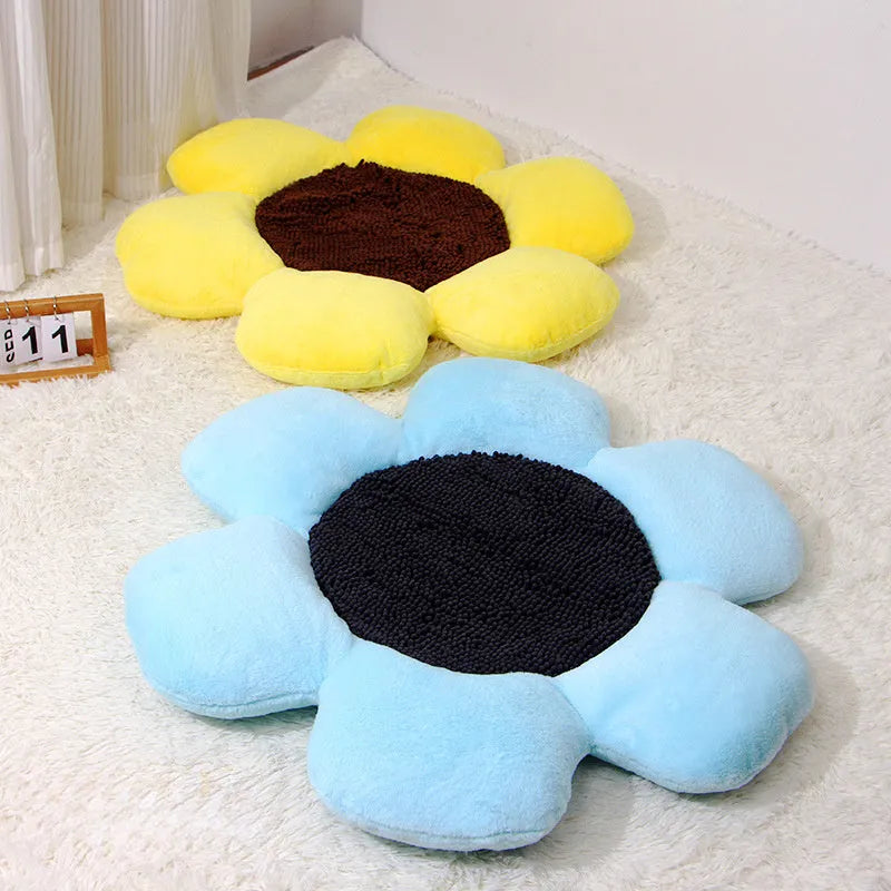 85cm round plush cat nest with flower design in blue or yellow colour options