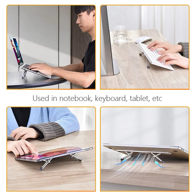 Aluminium alloy adjustable laptop cooling bracket stand in silver colour on a desktop