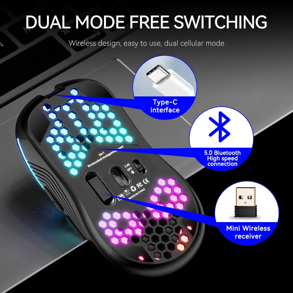 SA-1 black honeycomb shell RGB wireless gaming mouse with scroll wheel and seven buttons