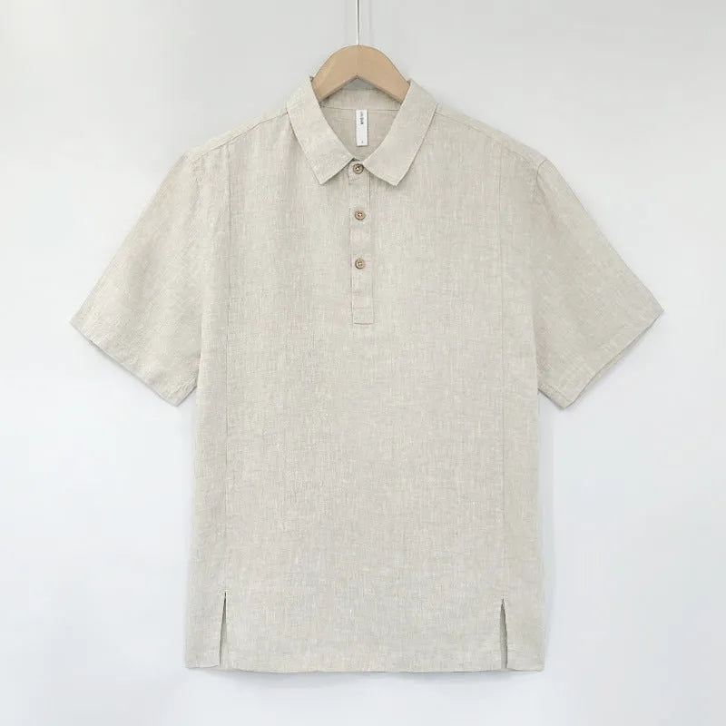 Men's loose-fit short-sleeve linen top in gray green on a hanger