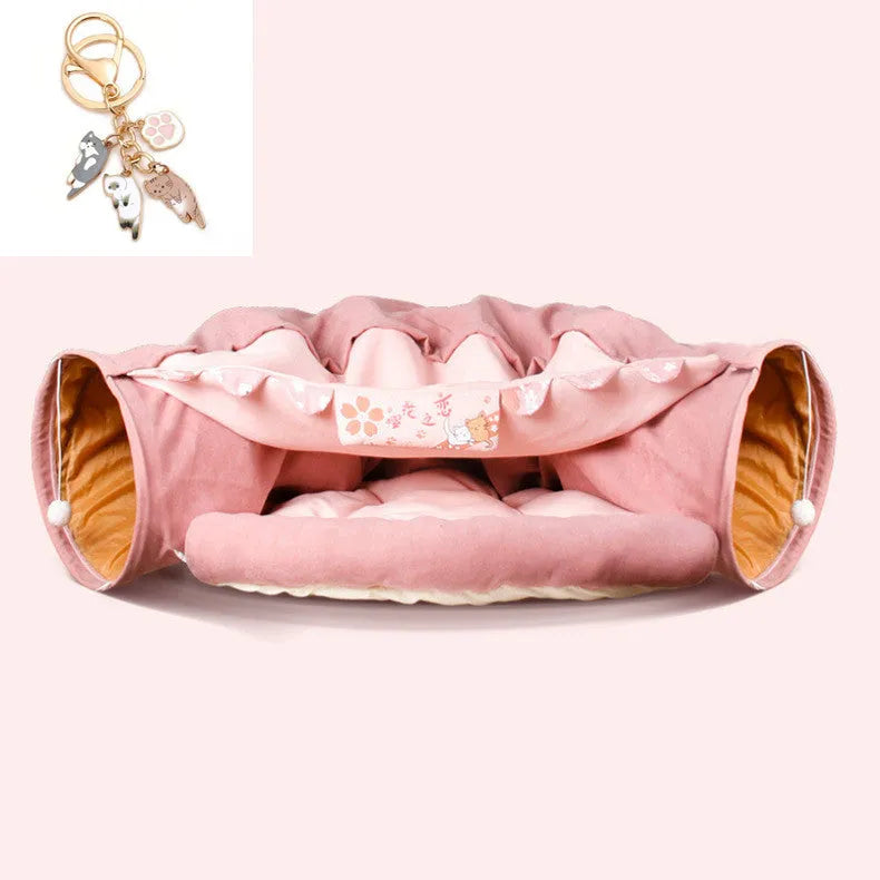 Collapsible cloth cat tunnel folded flat showing Bar colour option with 45cm length measurement