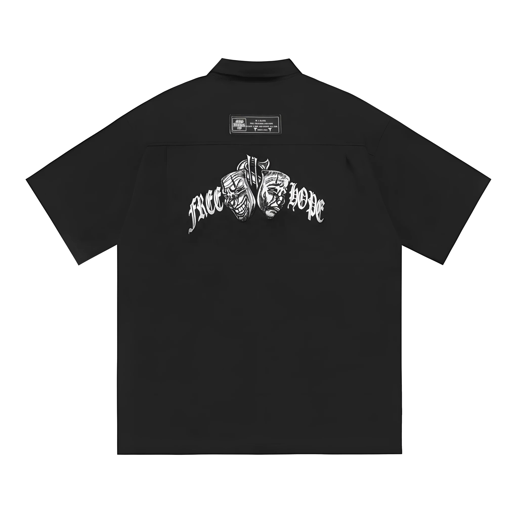 Men's black cotton blend work shirt with embroidery and pocket, loose fit plus size half sleeve design