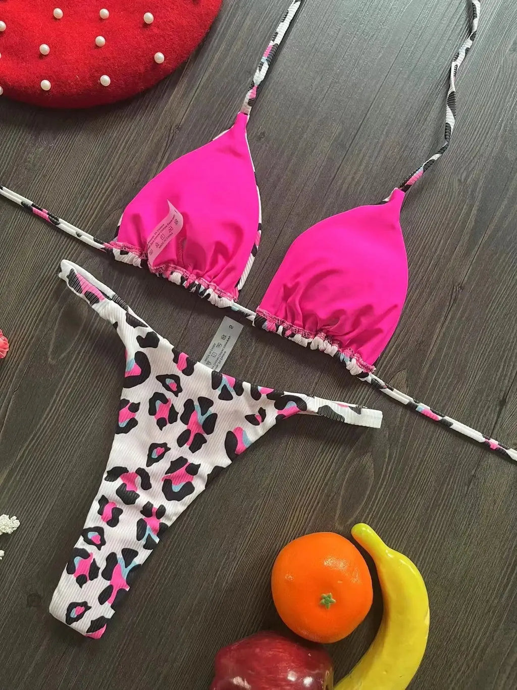 Women's printed nylon bikini swimsuit with cotton-lined briefs in three colour options