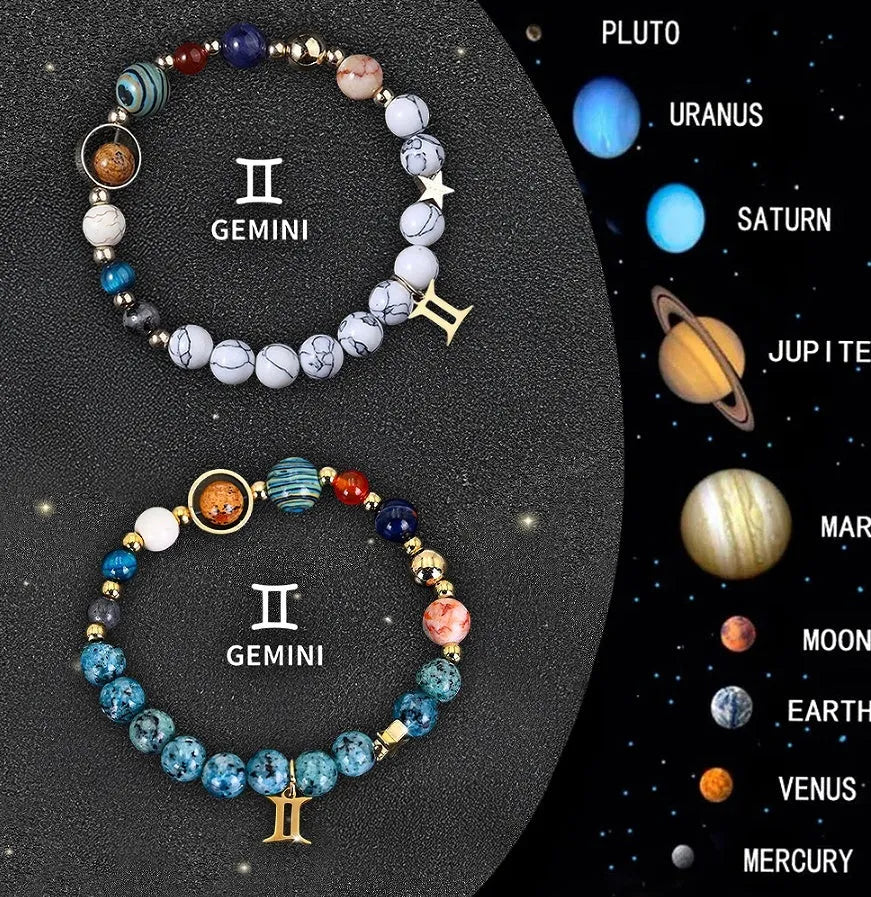 Two natural stone beaded bracelets for zodiac signs on a wooden background, showing adjustable elastic cord.