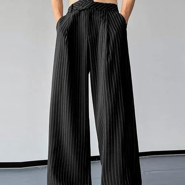 Black men's casual trousers with vertical stripes and front pleats on a high elasticity fabric.