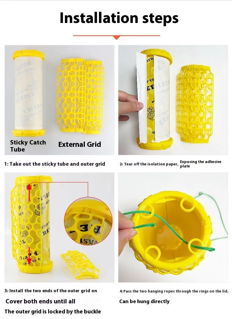 Hanging hornet catcher with sticky trap and outer mesh on rope, made from PP material, set for outdoor use