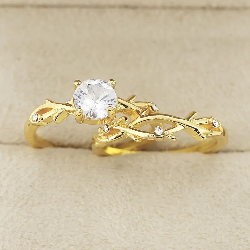 Rose gold couple rings with simulated diamond, geometric copper band, sizes No 6 to No 10, on white background.