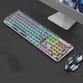 Steampunk mechanical keyboard and mouse set with 87 keys, metal plating, and wired USB connection on a desk