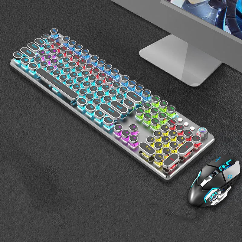 Steampunk mechanical keyboard and mouse set with 87 keys, metal plating, and wired USB connection on a desk