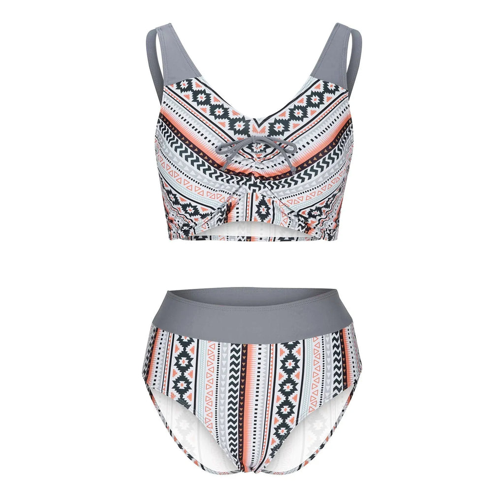 Blue women's cross sling split swimsuit on a mannequin, showing the bikini design.