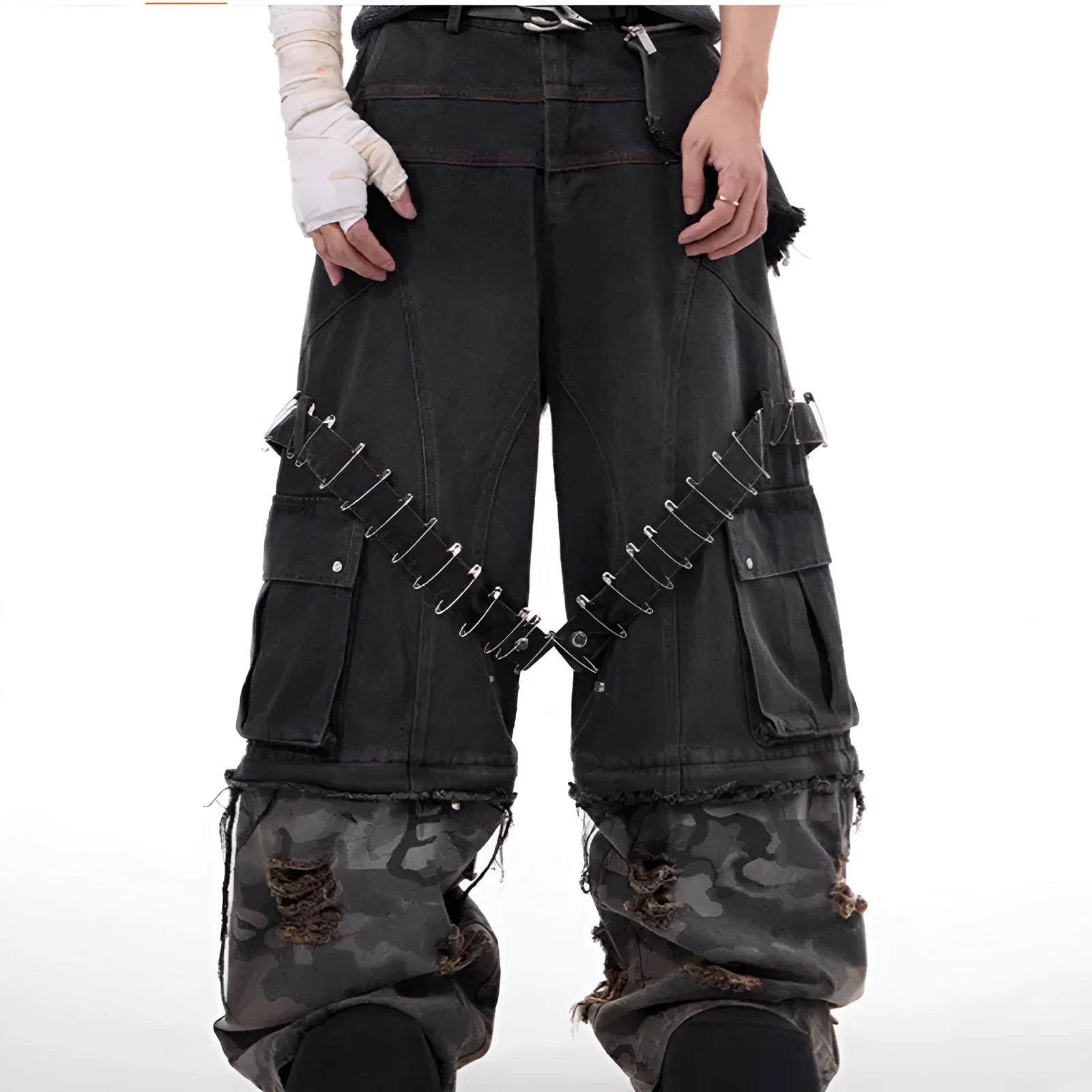 Men's grey camouflage pattern splicing jeans with pin detailing and ribbon accents on cotton denim