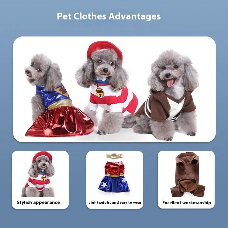 Assortment of pet costume clothes suits for cats and dogs including Christmas and character themes.