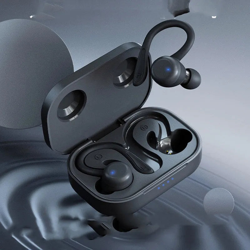 True wireless sports headphones with removable ear hooks in black, white, blue, red, and pink colours