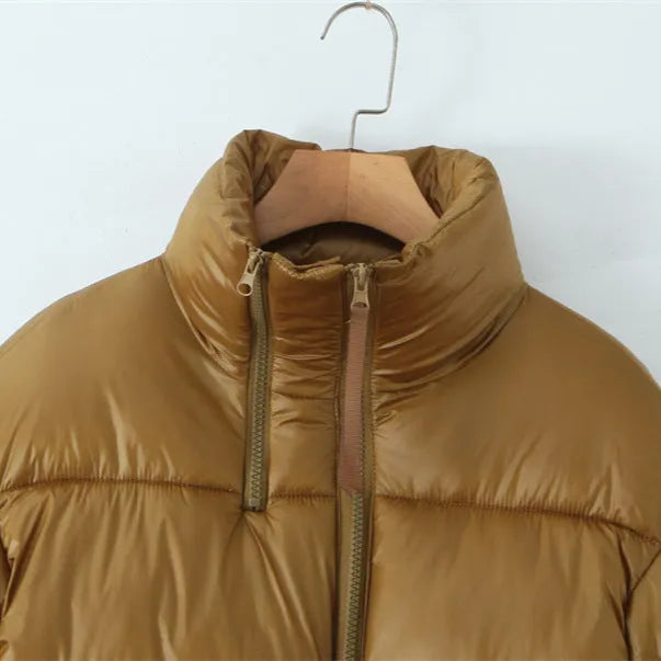 Women's gold puffer coat with stand-up collar, double zipper, long sleeves and straight fit, sizes S to L