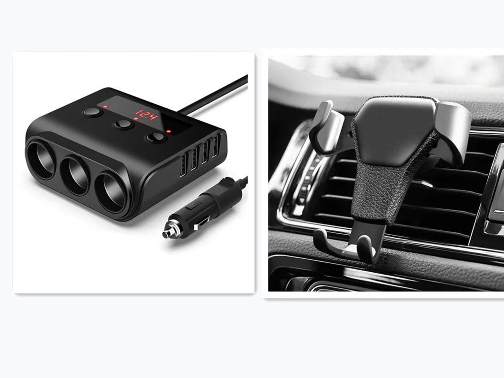 Black ABS car charger with 3 cigarette lighter ports and 4 USB ports for 12V vehicles