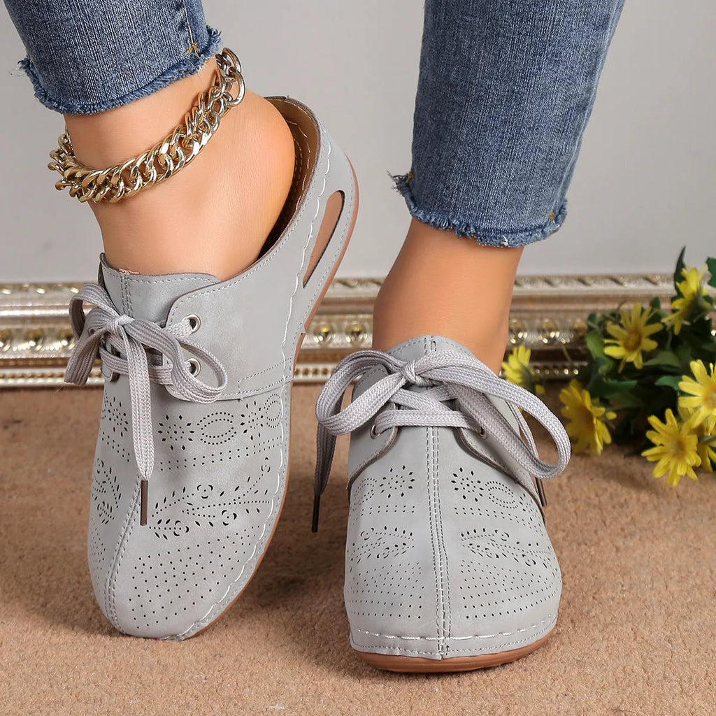 Women's suede lace-up summer slippers with hollow out wedges design in multiple colours
