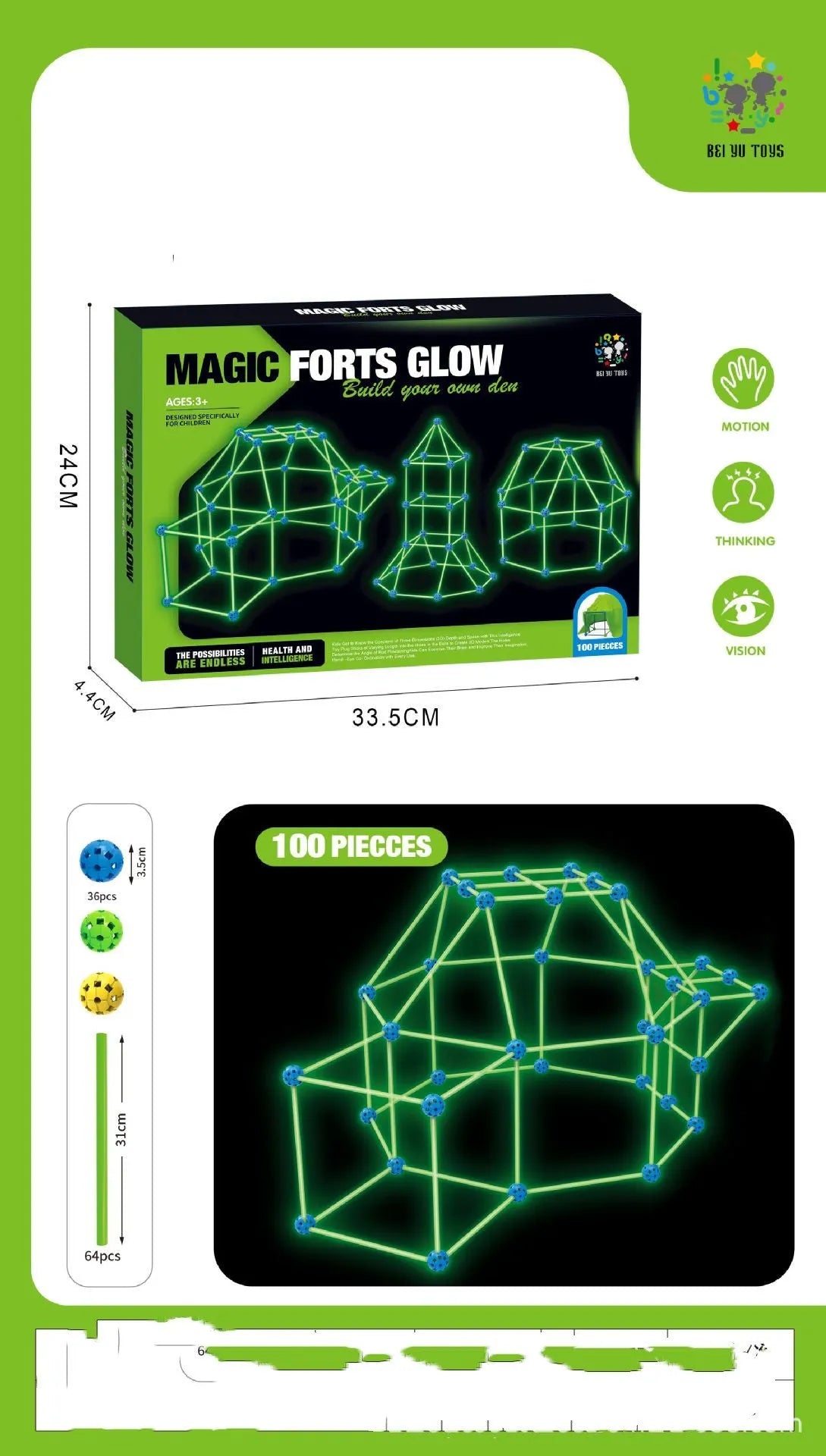 Luminous plastic fort building kit for kids with connecting sticks, balls, and storage bag.