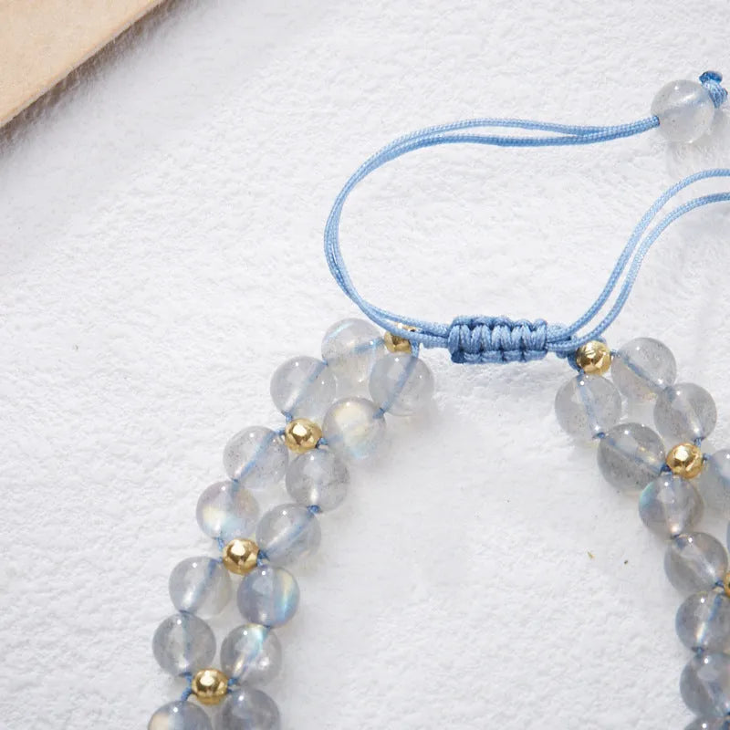 Gray moonstone woven bracelet for women with butterfly hand rope design and geometric retro style