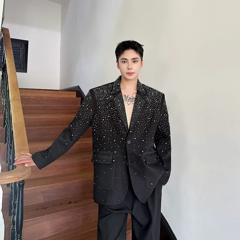 Men's hot drilling casual suit jacket in black chenille fabric with princess sleeves and loose fit