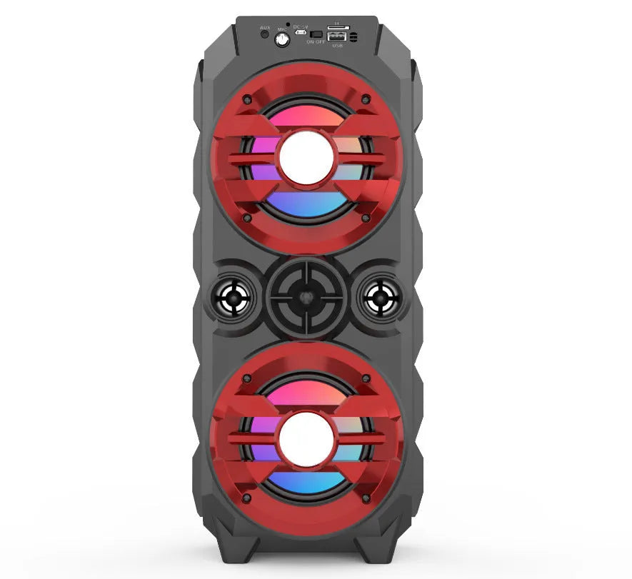 Portable Bluetooth speaker with colourful LED lights in blue, red, or silver grey with push-pull rod design