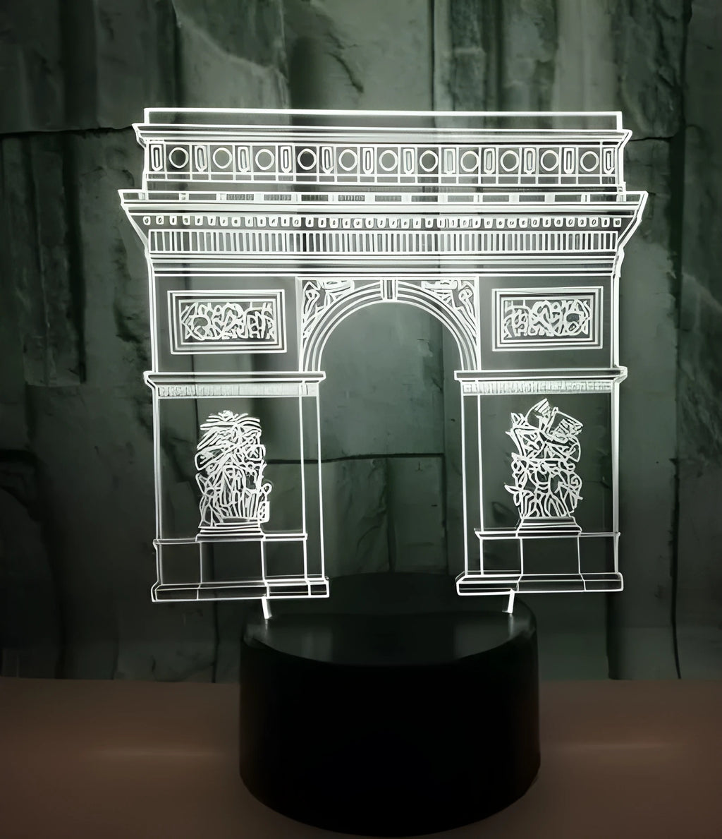 Triumphal Arch 3D night light with seven-colour LED illuminated in white against a dark background