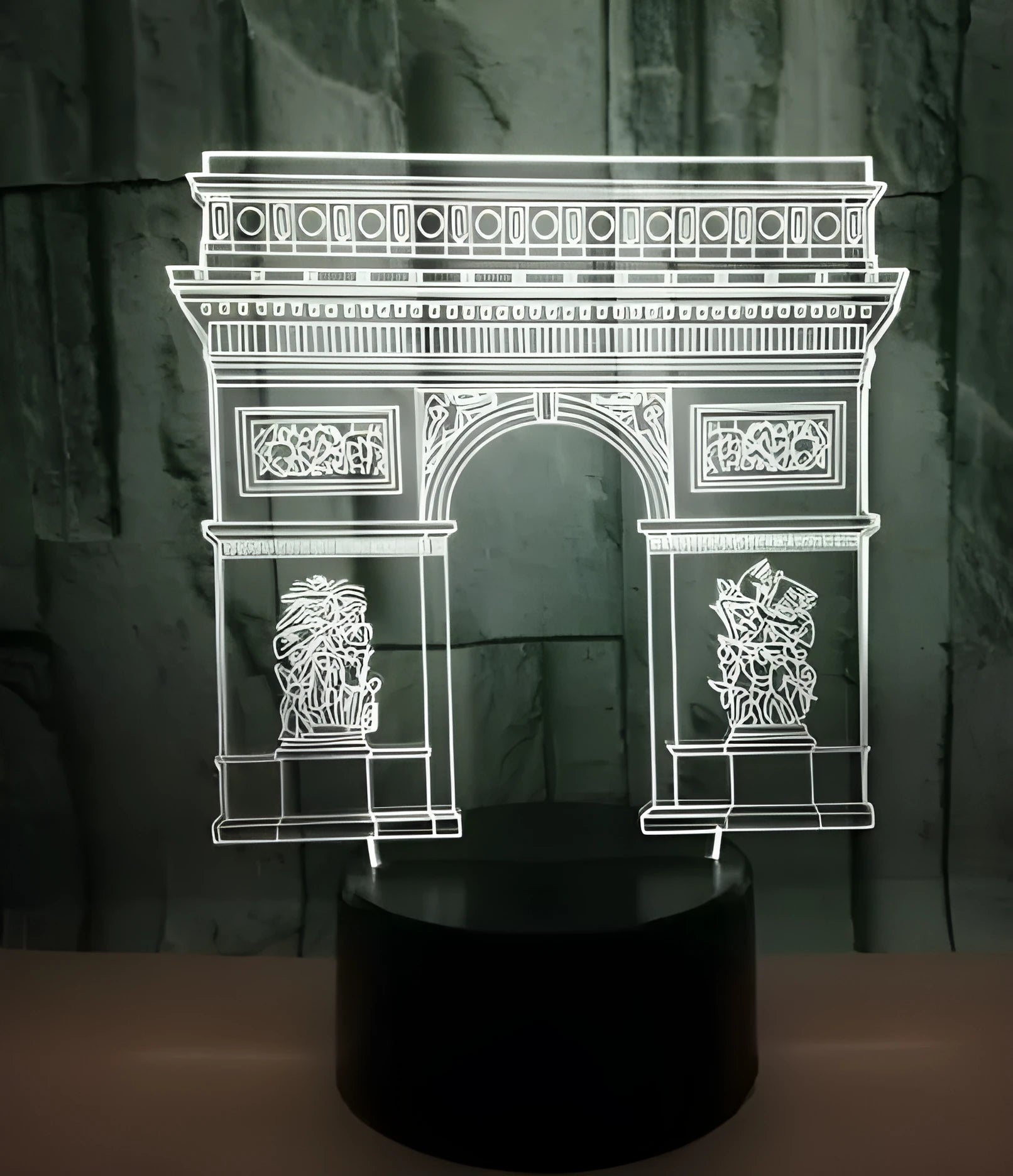 Triumphal Arch 3D night light with seven-colour LED illuminated in white against a dark background