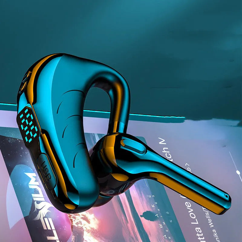 Battery display wireless Bluetooth headset ear mounted in black with charging port visible