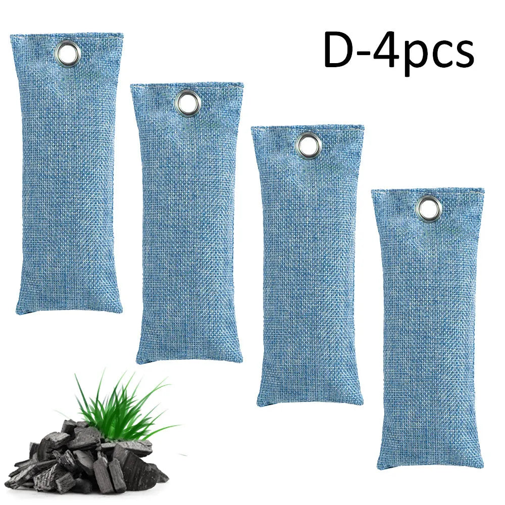 Black linen bag filled with bamboo charcoal for shoe and household odour removal.