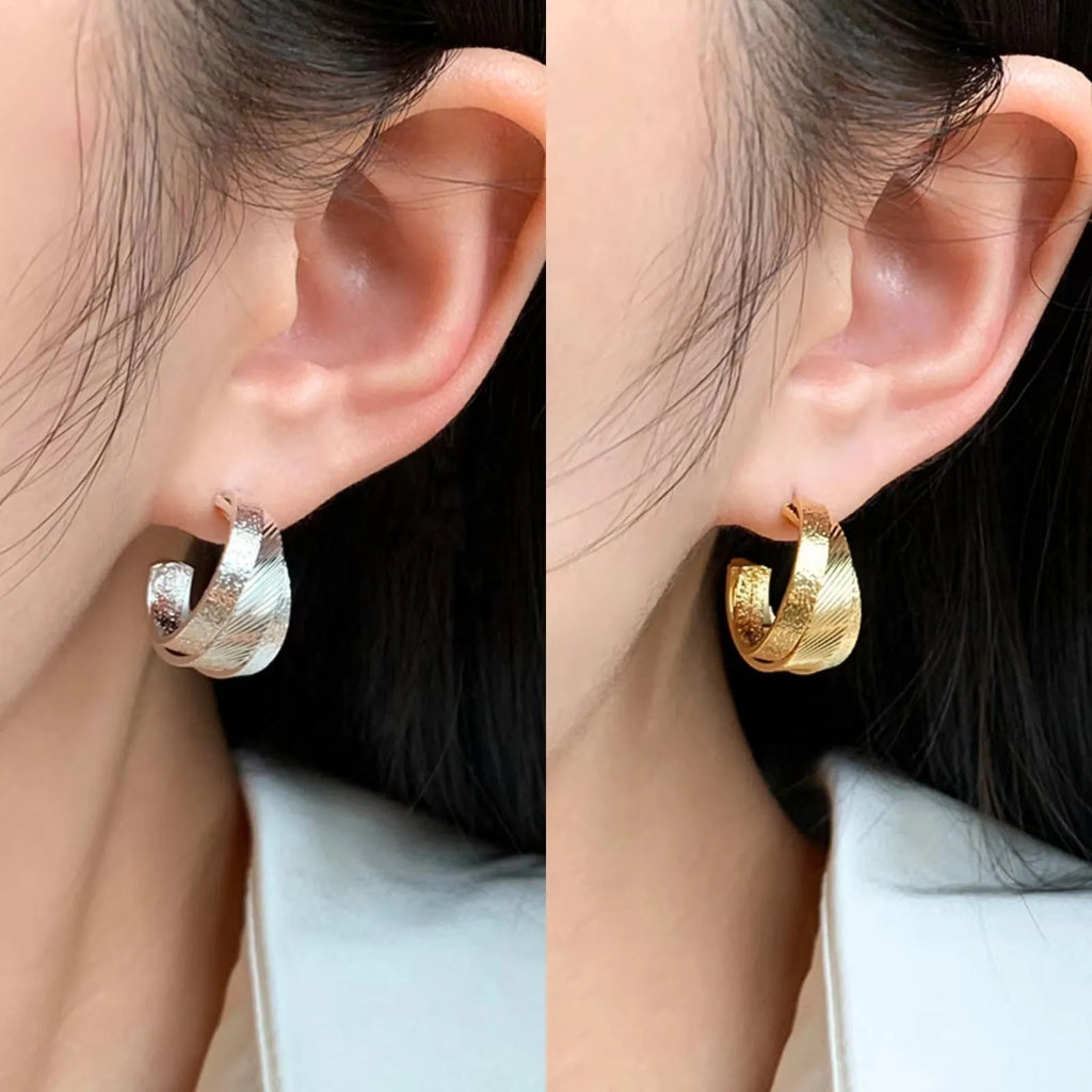 Gold and silver real gold plated women's ear studs, geometric ring shape, 2.0cm high on earlobe